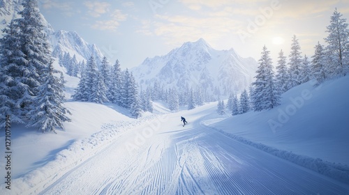 Cross-country skier skiing down a snowy trail on a mountain with ski poles.