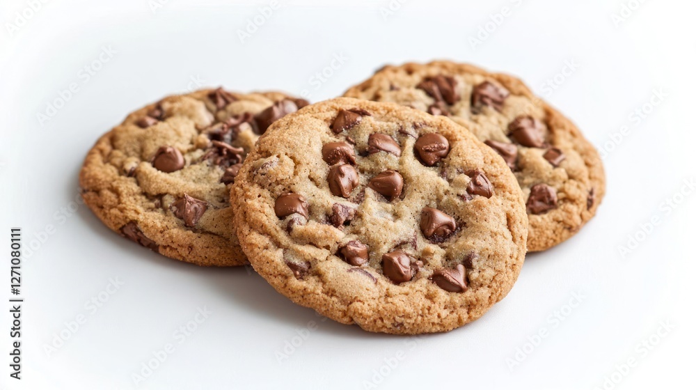 Three Golden Brown Chocolate Chip Cookies on White Background