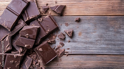 Chopped dark chocolate bars scattered on a wooden surface with a rustic touch for culinary use : Generative AI photo