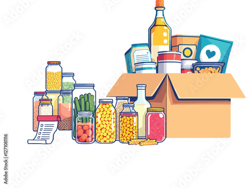 Food donation box filled with groceries and canned goods