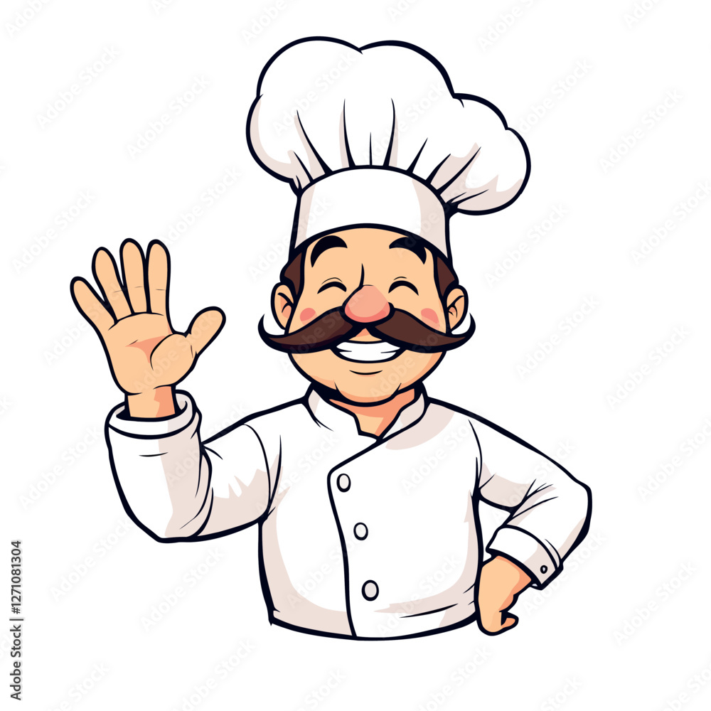 Smiling cartoon chef waving and wearing white toque and uniform Smiling cartoon chef waving and wearing white toque and uniform