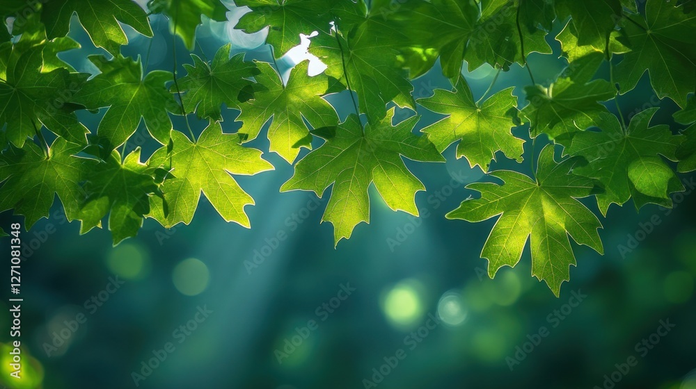 Fototapeta premium Sunlight filtering through vibrant green maple leaves
