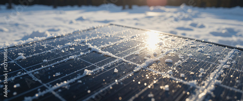 A single solar panel with a thin layer of ice glistening under direct sunlight, with reflections