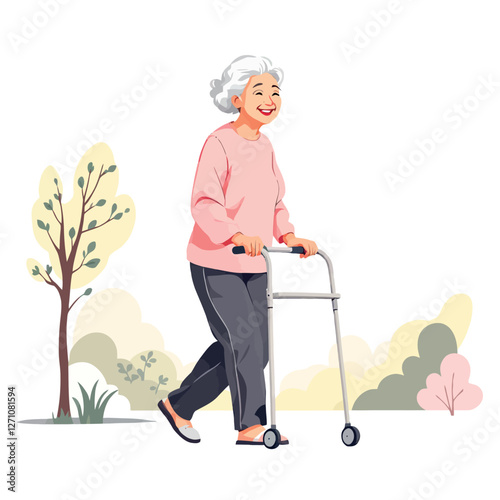 Happy elderly woman walking in the park with walker