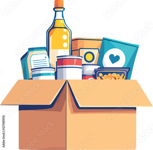 Cardboard box overflowing with food donations for charity