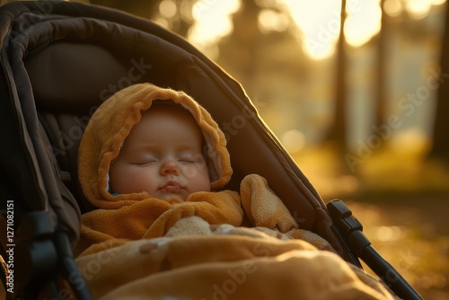 Baby Sleeping Peacefully in stroller Wrapped in Soft Blanket Outdoors photo