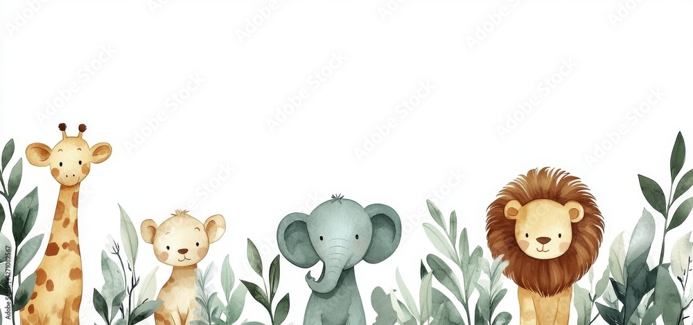 A cheerful and kid-friendly composition with hand-painted baby safari animals, lush green leaves, and a friendly elephant, all framed in a jungle theme with soft watercolor strokes A cheerful and kid-friendly composition with hand-painted baby safari animals, lush green leaves, and a friendly elephant, all framed in a jungle theme with soft watercolor strokes