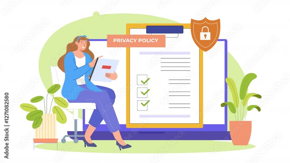 2D flat character scene animation featuring characters navigating privacy policies on websites or apps, understanding terms and conditions for data protection. 2D flat character scene animation featuring characters navigating privacy policies on websites or apps, understanding terms and conditions for data protection.