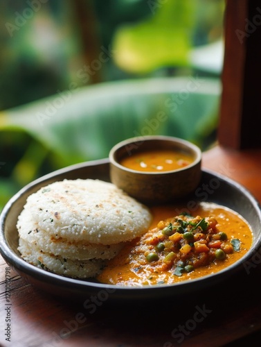 Soup and curry with rice and bread, served in a bowl, symbolizing a warm hearty meal.