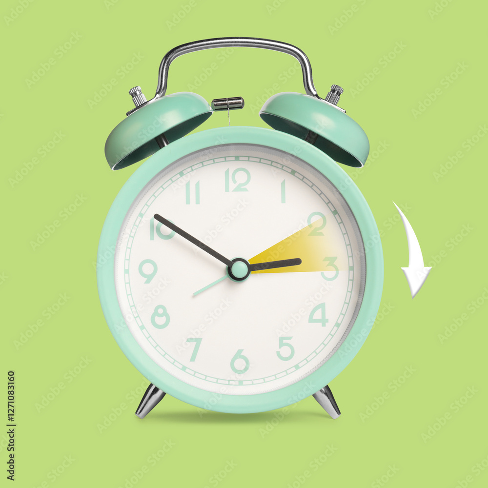 Daylight saving time. Turquoise alarm clock on light green background. Highlighted area and arrow showing time change by one hour forward Daylight saving time. Turquoise alarm clock on light green background. Highlighted area and arrow showing time change by one hour forward