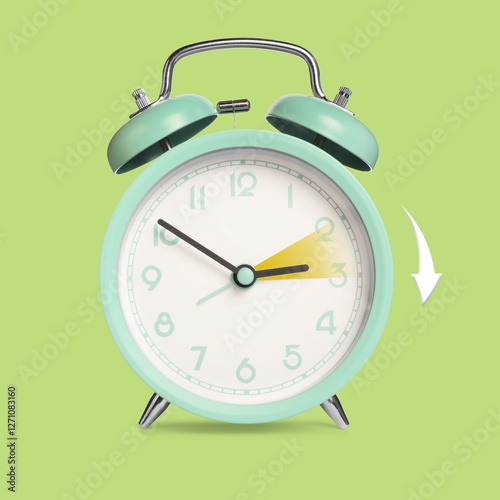 Wallpaper Mural Daylight saving time. Turquoise alarm clock on light green background. Highlighted area and arrow showing time change by one hour forward Torontodigital.ca