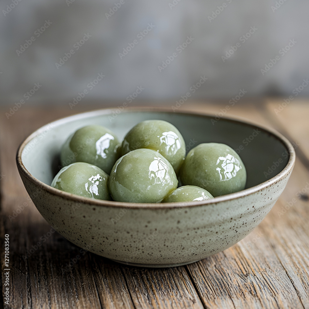 A rustic ceramic bowl filled with vibrant green glutinous rice balls on a weathered wooden surface. A rustic ceramic bowl filled with vibrant green glutinous rice balls on a weathered wooden surface.