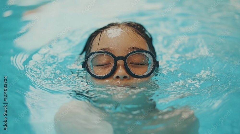 Naklejka premium Myopia prevention with a child wearing glasses swimming in a pool. Sports, fitness, and eye health