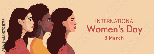  International Women's Day, March 8. Vector flat horizontal banner. Women of different cultures and skin colors stand together. Gender equality and women empowerment. For women projects