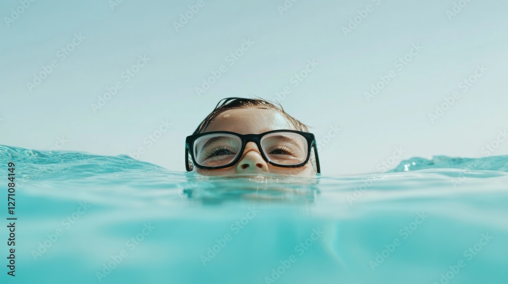 Naklejka premium Myopia prevention with a child wearing glasses swimming in a pool. Sports, fitness, and eye health