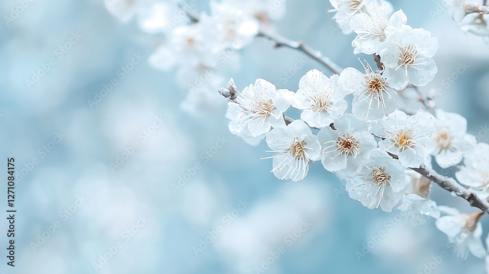 Delicate spring blossoms on branch, soft focus, light blue background, nature, serenity, visual appeal, artistic composition Delicate spring blossoms on branch, soft focus, light blue background, nature, serenity, visual appeal, artistic composition