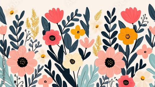 Background pattern cute flower concept. Delicate Hand Drawn Floral Clusters in Vibrant Botanical Background