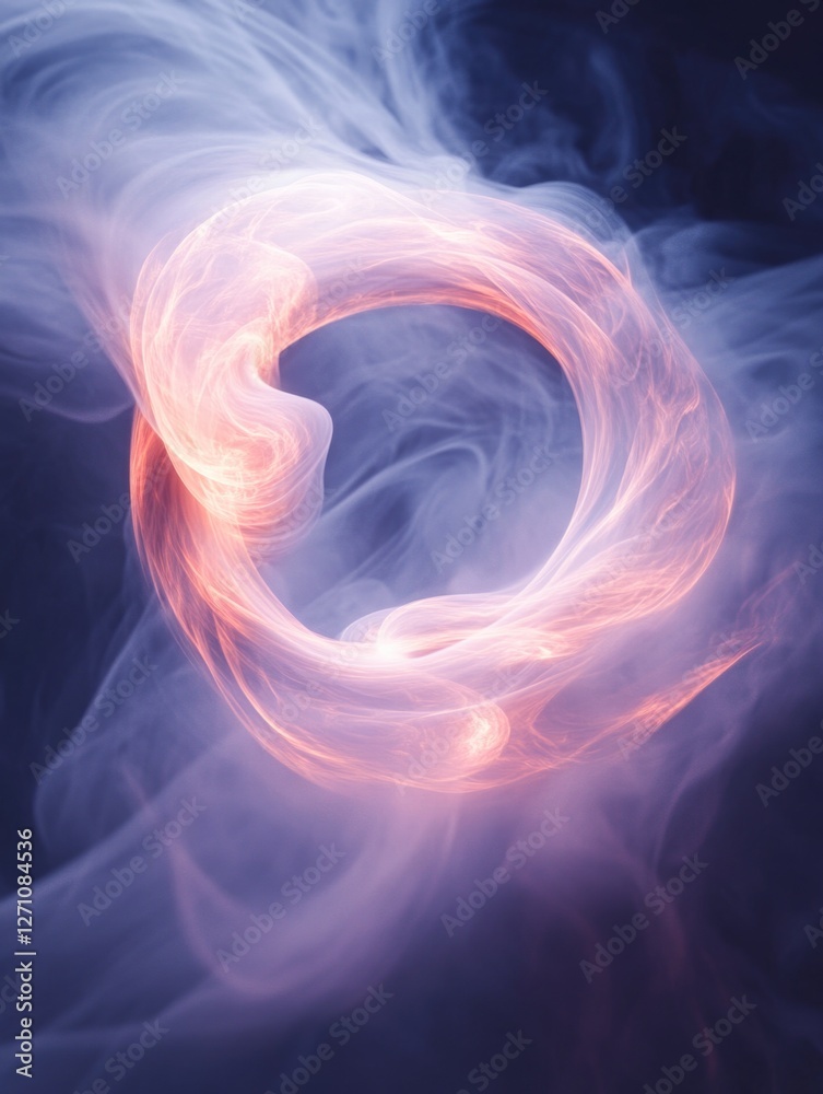 Fototapeta premium Smoky illusion of a letter in the center, glowing in red amidst a cloud of smoke. Abstract and artistic.