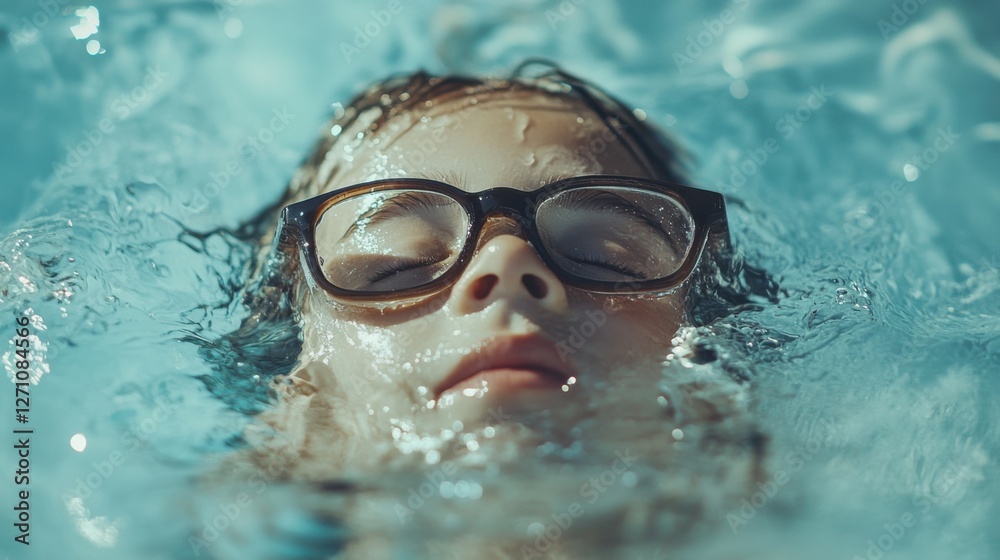 Fototapeta premium Myopia prevention with a child wearing glasses swimming in an outdoor pool. Sports, fitness, and eye health