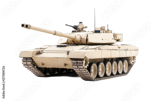 Military tank on display, beige armored vehicle with a robust turret, representing strength and defense, empty background for text. Isolated on white background or PNG cutout photo