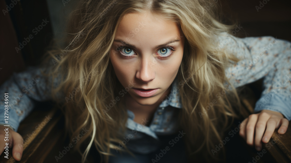 A girl with blond hair looking straight into the camera with an intense gaze. Top view of a girl A girl with blond hair looking straight into the camera with an intense gaze. Top view of a girl