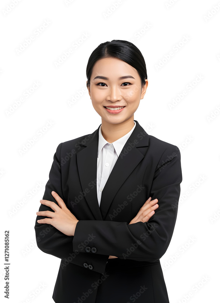 Smiling Asian businesswoman in an elegant suit, looking confident, isolated on a white background