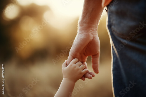 Primer plano emotivo de un padre y su hijo tomados de la mano, simbolizando protección, confianza y vínculo familiar. Iluminación cálida y fondo desenfocado para resaltar el gesto. photo