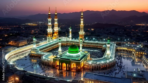 Majestic Al-Masjid an-Nabawi: A breathtaking drone view of Islam's sacred Prophet's Mosque in Medina, Saudi Arabia. Experience the spiritual grandeur and architectural marvel of this iconic site, a   