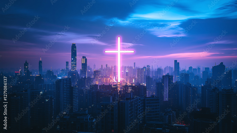 Fototapeta premium Neon cross shining brightly over a cityscape at dusk, symbolizing hope and faith amidst the urban sprawl under a vibrant purple and blue sky.