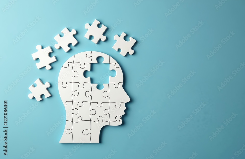 Puzzle head with missing elements on blue background. Trauma, loss. Stroke, brain disorders, memory problems, dementia, mind, mental issues. Thinking, intelligence, piece of mind, alzheimer disease, Puzzle head with missing elements on blue background. Trauma, loss. Stroke, brain disorders, memory problems, dementia, mind, mental issues. Thinking, intelligence, piece of mind, alzheimer disease,
