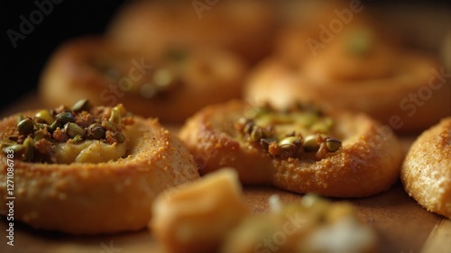 Delicate Persian pastries with a crunchy exterior and rich nutty filling, adorned with spices and herbs, embodying the festive traditions of Nowruz and Persian hospitality.
