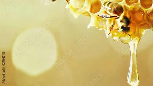 Close-Up of Bees on Honeycomb with Dripping Honey