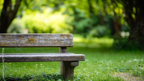 Empty wooden bench surrounded by lush greenery in a peaceful natural park setting : Generative AI