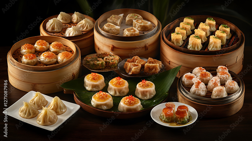 A delicious assortment of dim sum served in traditional bamboo steamers and on plates. A delicious assortment of dim sum served in traditional bamboo steamers and on plates.