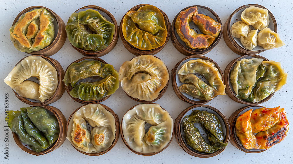 Assorted steamed and fried dumplings in small bamboo steamer baskets arranged on a white speckled surface. Assorted steamed and fried dumplings in small bamboo steamer baskets arranged on a white speckled surface.