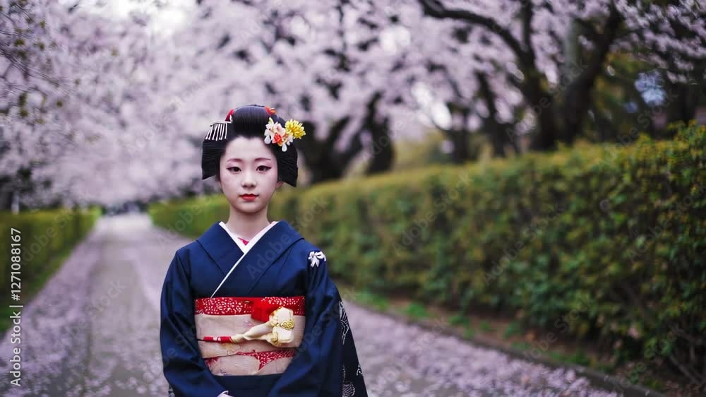 A Maiko is walking along a row of cherry blossom trees.