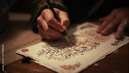 A detailed Persian calligraphy piece with golden accents on ornate paper, representing Persian literary heritage, beauty, and the artistic side of Nowruz.