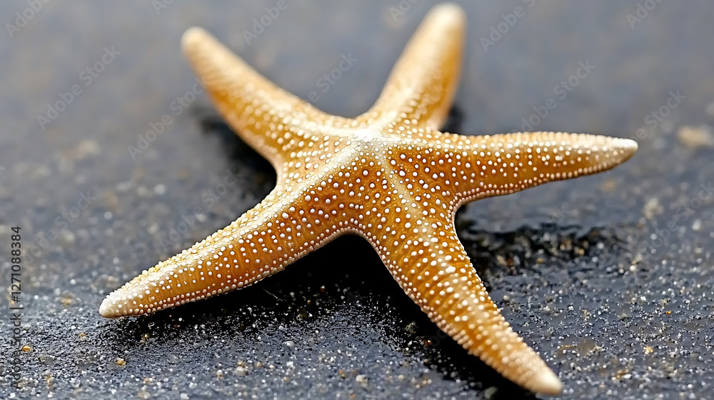 Close-up of a starfish adorned with white spots resting on a dark grainy and slightly reflective surface. Close-up of a starfish adorned with white spots resting on a dark grainy and slightly reflective surface.