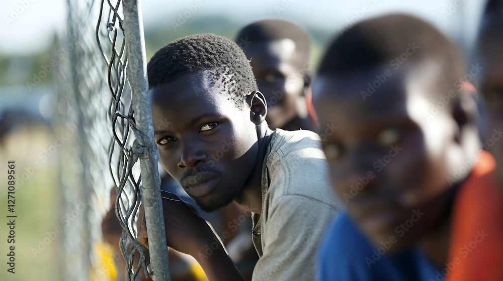 Obraz premium Focused boy gazing through a fence expressing deep thought and reflection in a rural environment : Generative AI