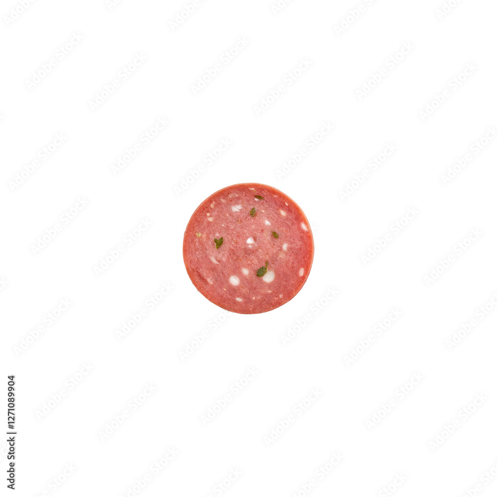 Obraz premium Dot crafted from mortadella slices, a pink Italian cured meat with white fat cubes and greenish pistachios. The oval slices have a glossy sheen, highlighting their freshness