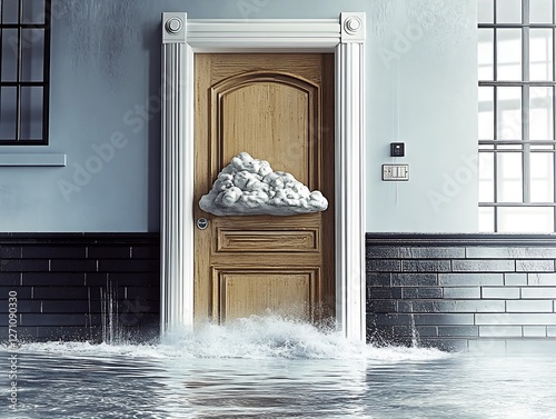 Mysterious door with a waterlogged entrance suggesting flooding in a minimalist room : Generative AI photo