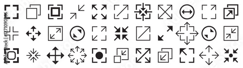 Full screen big icon set. Maximize and minimize screen buttons. Arrow mark icons. Full screen enter and exit sign. Scalability icons. Vector illustration