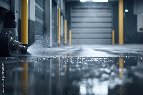 Wet floor cleaning in industrial garage.
