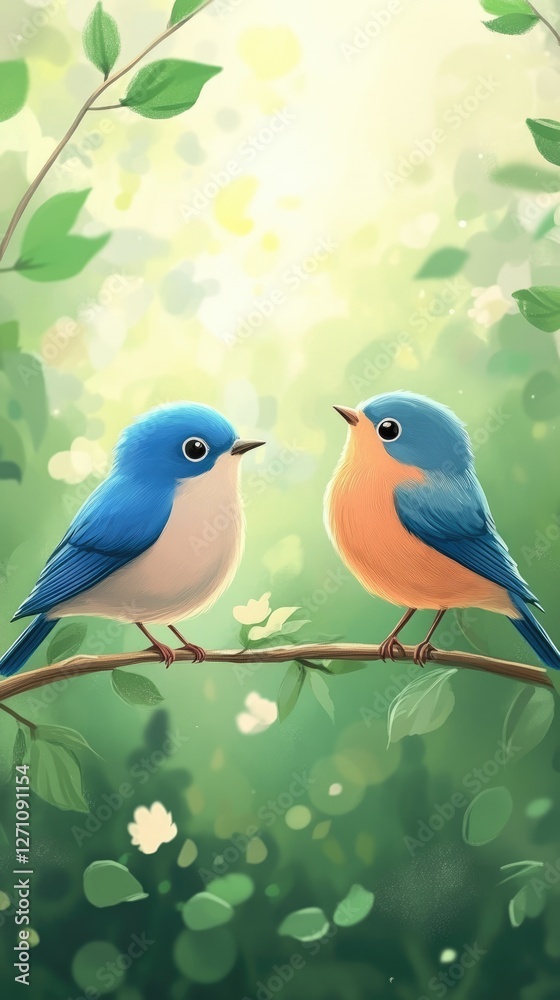 Obraz premium Two Bluebirds Perched on a Branch