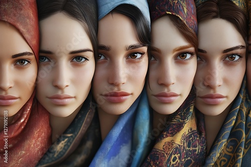 Women in Colorful Scarves Showing Diverse Fabrics and Patterns photo