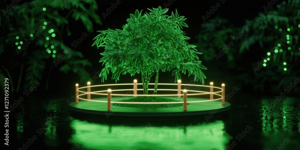 Obraz premium A glowing green tree surrounded by a lighted fence, set on a circular platform in a dark, reflective water environment.