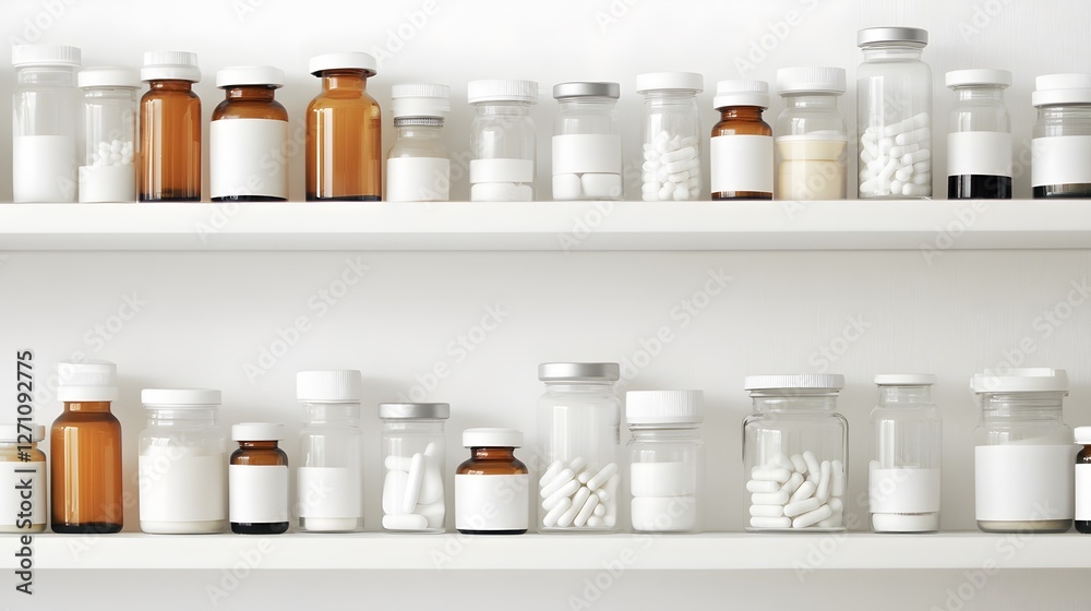 Shelves filled with various containers of medications and supplements in a healthcare setting Shelves filled with various containers of medications and supplements in a healthcare setting