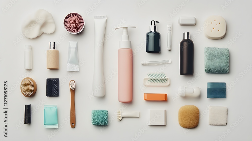 Variety of personal care products arranged neatly on a flat surface for easy access and organization Variety of personal care products arranged neatly on a flat surface for easy access and organization