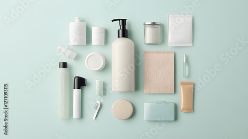 Wallpaper Mural Collection of skincare and beauty products arranged on a mint green background for personal care and grooming purposes Torontodigital.ca