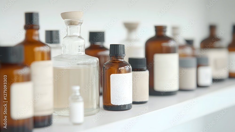Collection of various glass bottles arranged on a shelf in a bright, minimalist setting Collection of various glass bottles arranged on a shelf in a bright, minimalist setting